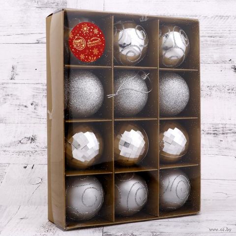 Набор ёлочных шаров "Глория" (12 шт.; серебро) — фото, картинка