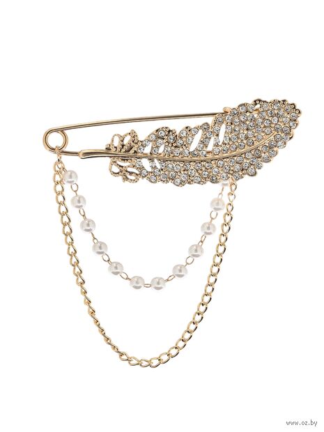 Брошь "Перо с цепочкой и жемчугом" (белая в золоте) — фото, картинка