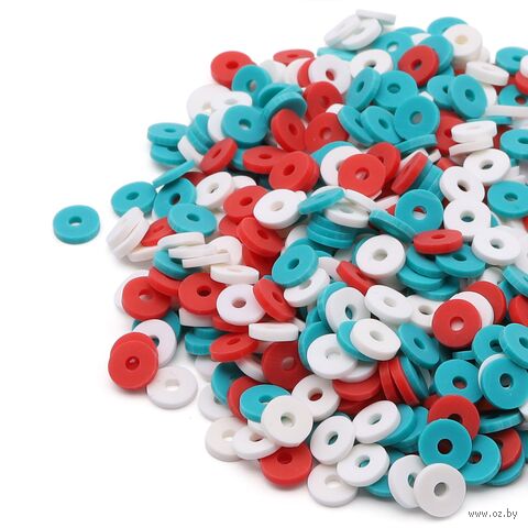 Бусины из полимерной глины "Колечки" (6 мм; зеленый, белый, красный микс) — фото, картинка