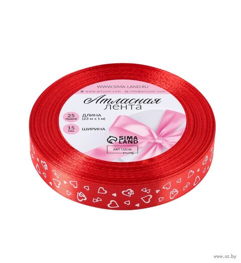 Декоративная атласная лента "Сердца №026" (1,5 см; 23 м; красная) — фото, картинка