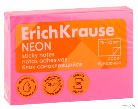 Самоклеящийся блок "Neon" (75х50 мм; 100 листов; розовый) — фото, картинка
