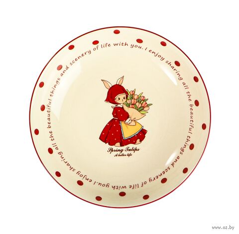 Тарелка глубокая фарфоровая "Зайка и тюльпаны" (180х39 мм) — фото, картинка