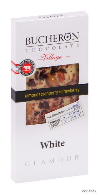 Шоколад белый "Buсheron. С миндалем, клюквой и клубникой" (100 г) — фото, картинка