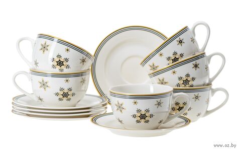 Набор чашек с блюдцами "Золотые снежинки" (12 предметов) — фото, картинка